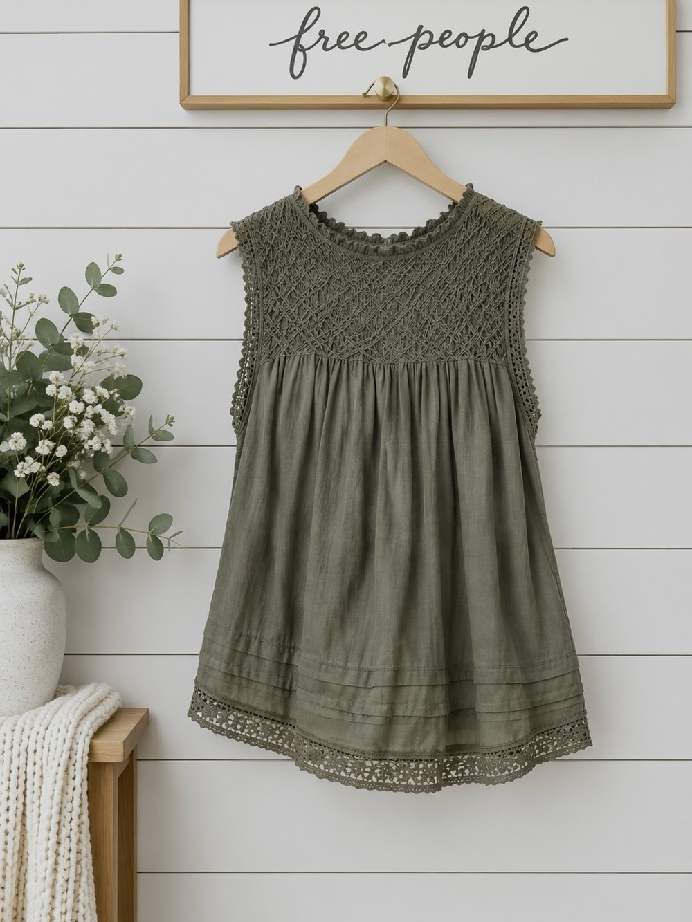 Free People Olive Green Boho Tunic Dress – Estimated XL